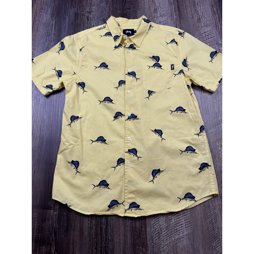 Stussy Marlins Hawaiian Button Up Shirt Yellow Medium Skate Fishing Streetwear